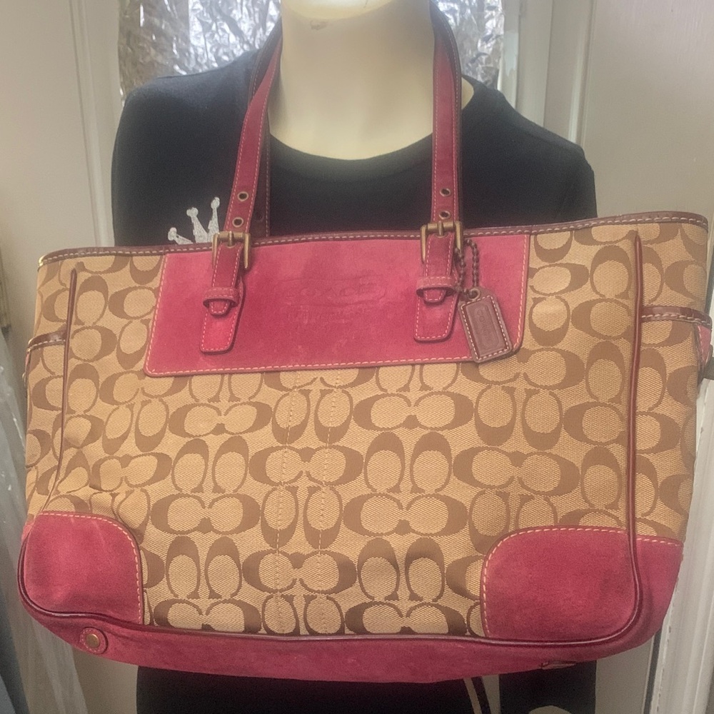 Coach Suede Tan and Wine Signature Tote